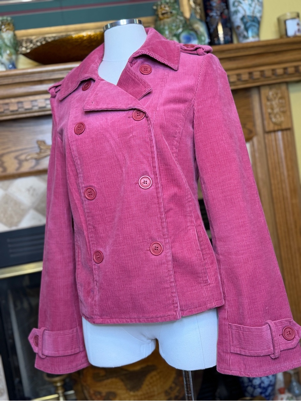 VTG Juicy Couture Rose Pink Corduroy Double-Breasted Pea Coat Women’s Large